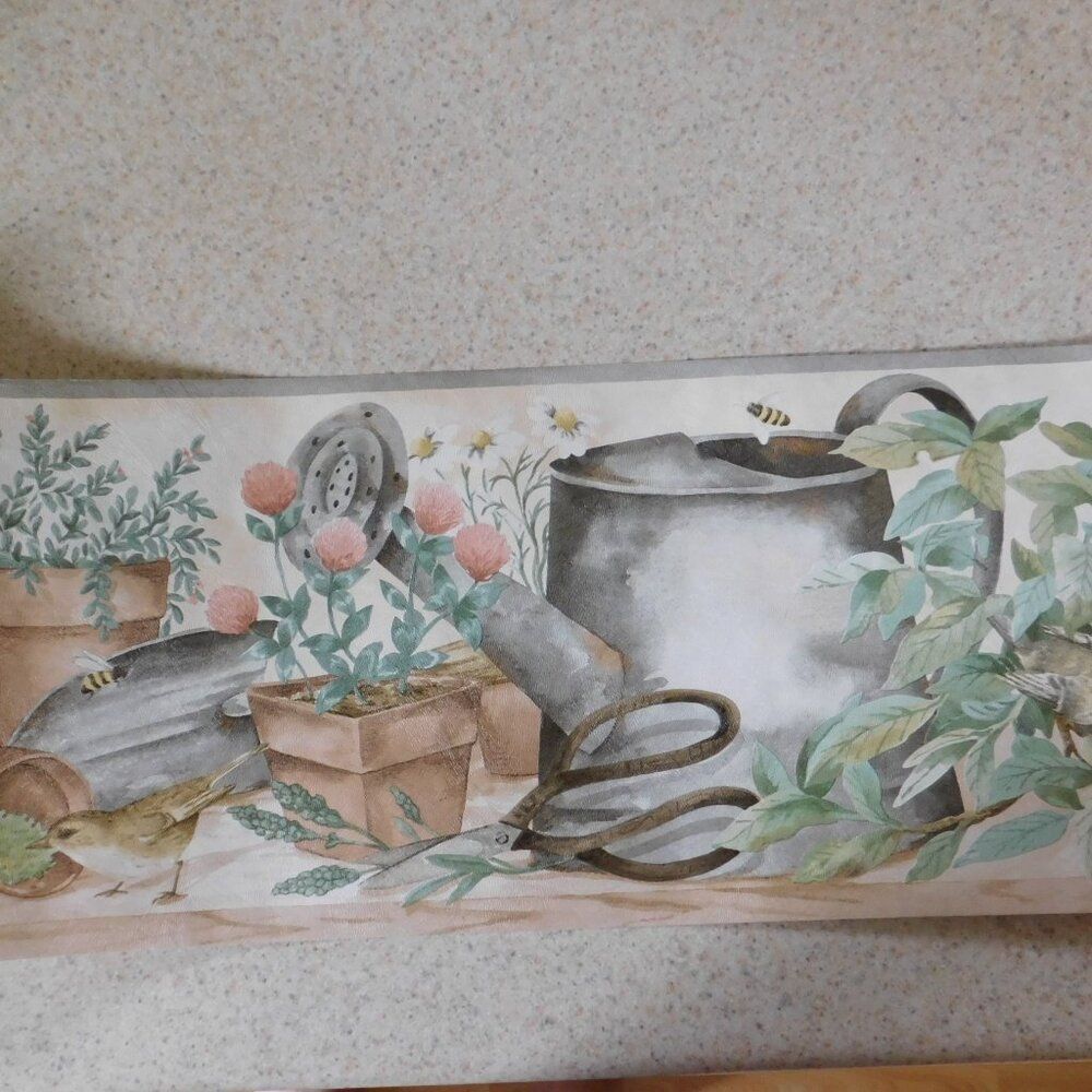 VTG Cottagecore Wallpaper Border Flower Pots Bird Feeder Birds 15 Yards